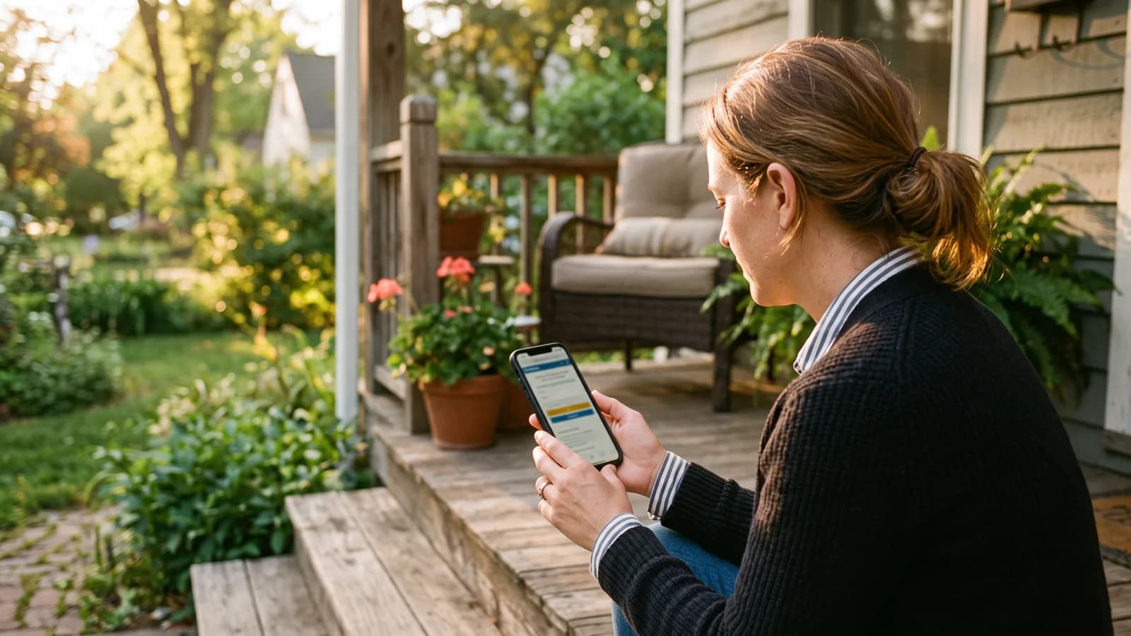 Homeowner viewing a fence company landing page on a smartphone while sitting on a porch step.