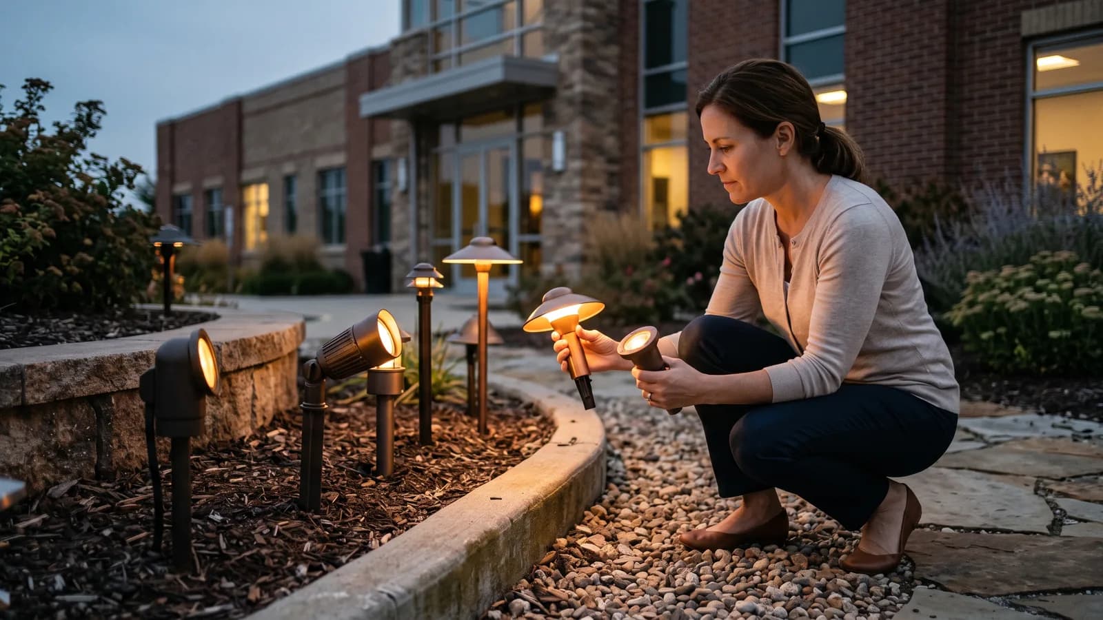 Homeowner comparing two fixture types by hand at a small outdoor display bed glowing warm amber at early evening.