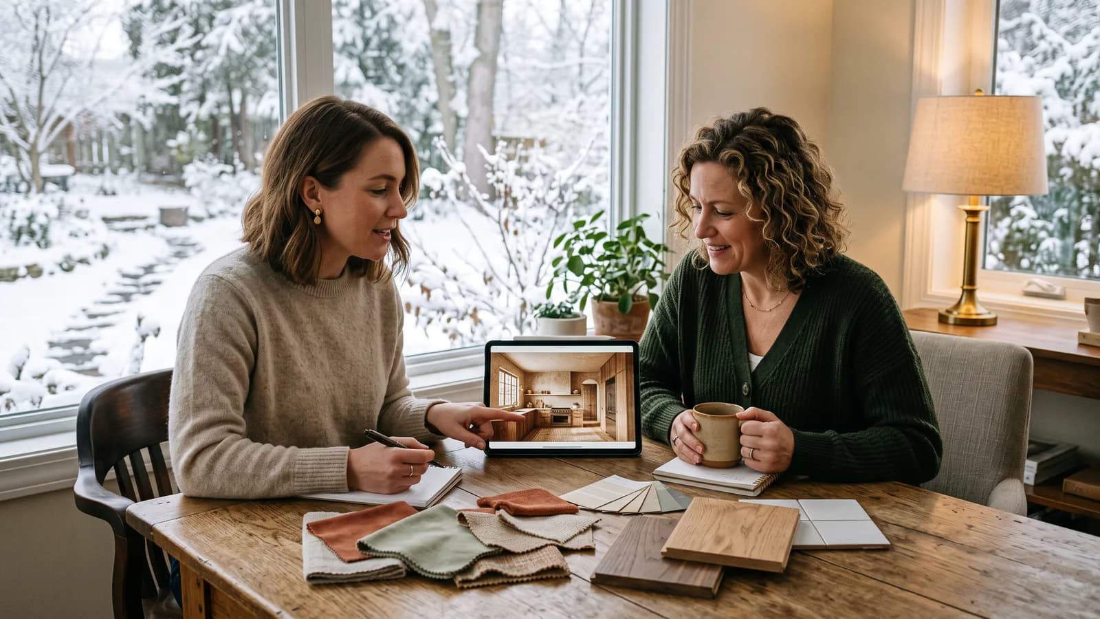 Designer and homeowner reviewing material samples indoors with a snowy backyard visible through the window.