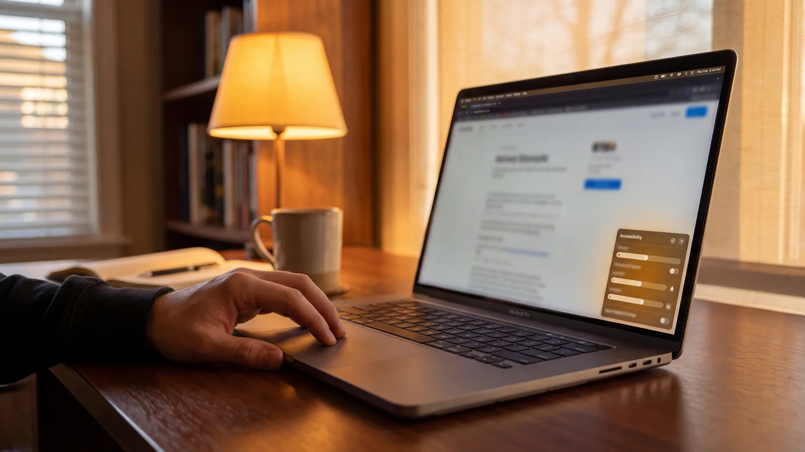 Laptop on a clean desk displaying a website with an accessibility-settings menu open in the lower-right corner showing toggle and slider options.