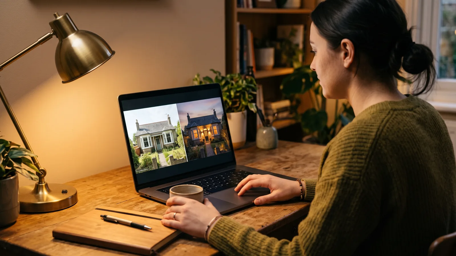 Social media manager comparing a daytime and dusk after photo of a lit facade on a laptop at a desk.