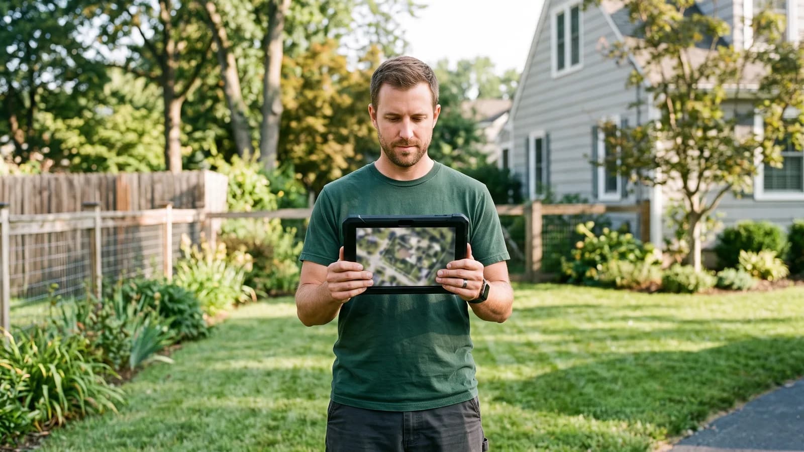 Fence contractor reviewing an aerial property image on a tablet in a front yard while preparing a fast quote.