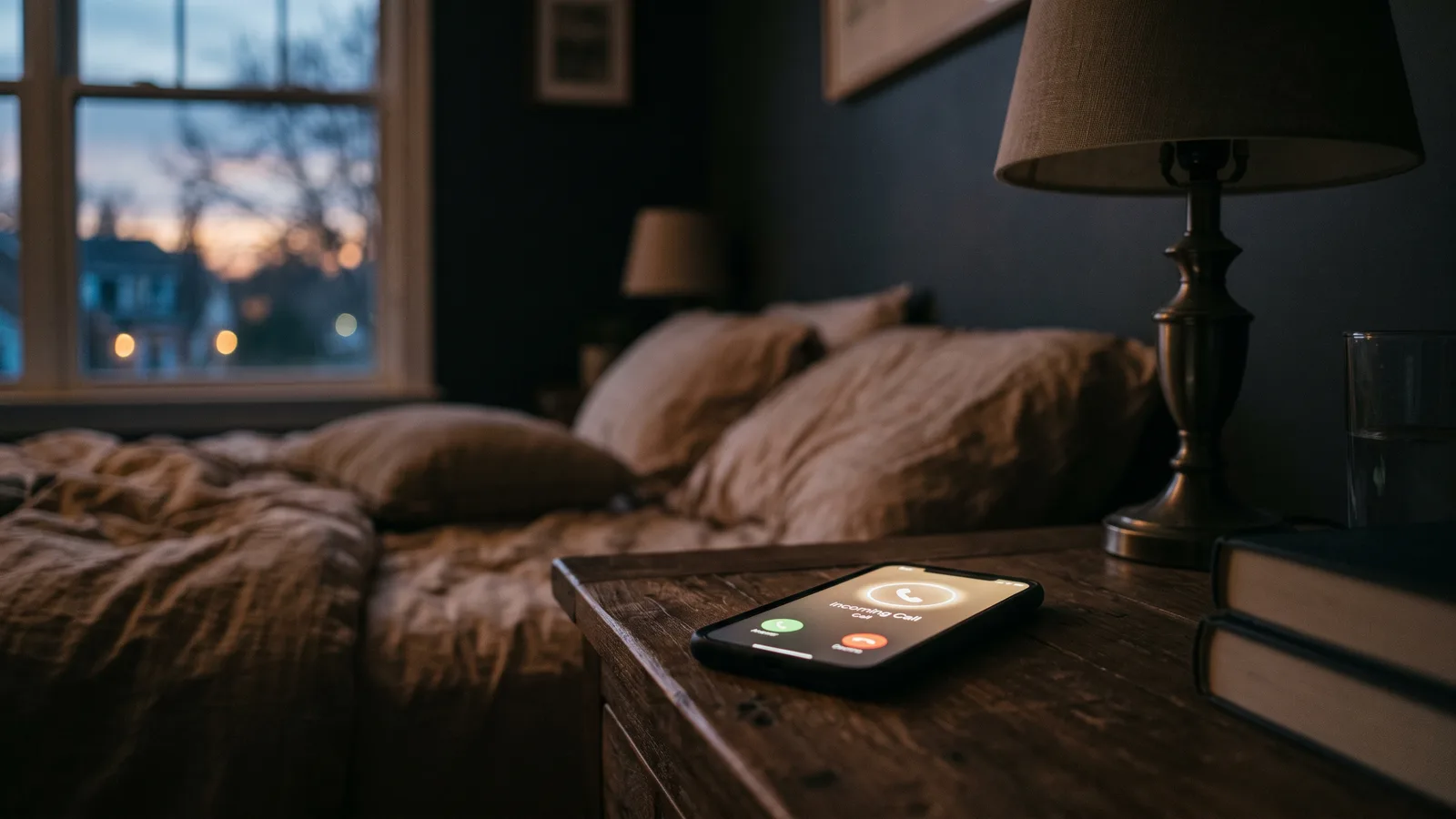 A phone lit up with an incoming evening call on a nightstand, illustrating an after-hours cabana project inquiry.