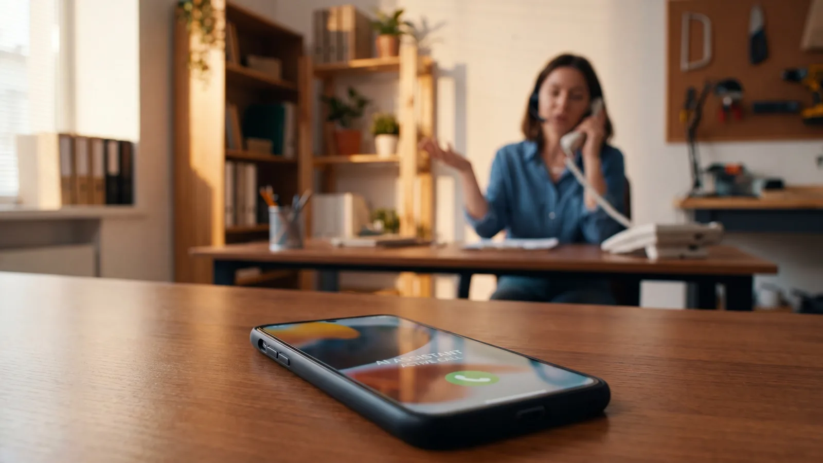 Workshop office foreground showing a smartphone with an AI-assistant call interface beside a soft-focus background of a human receptionist at another desk.