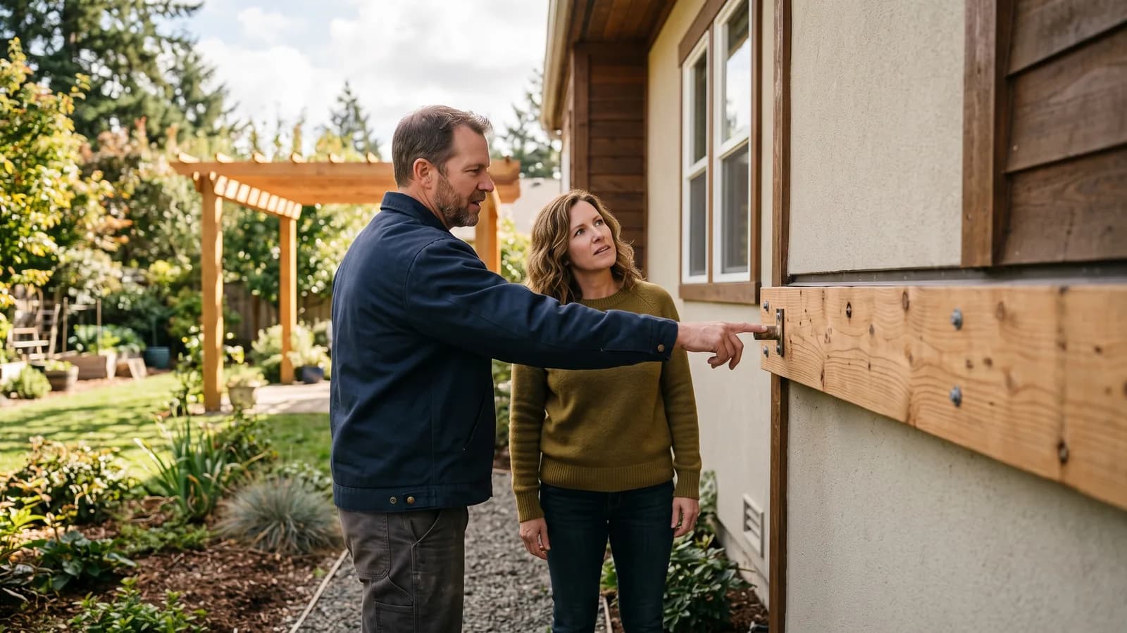 Contractor showing a homeowner a ledger attachment point with a freestanding pergola frame visible in the yard behind them.