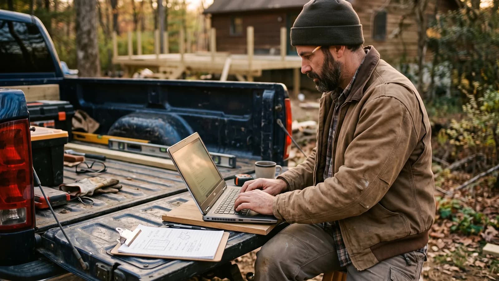 Contractor writing a deck estimate on a laptop at a truck tailgate right after a site visit at golden hour.