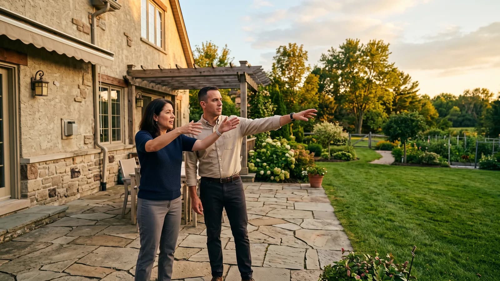 Consultant and homeowner standing in a backyard discussing the full outdoor space near an awning wall.