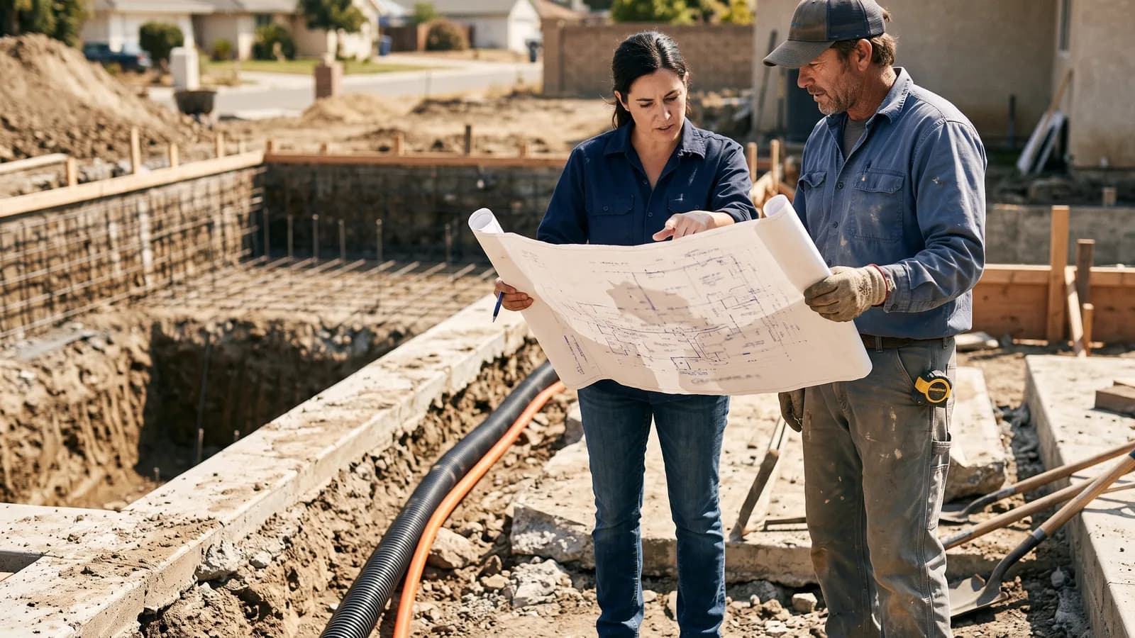 Lighting designer and pool contractor reviewing a shared site plan beside an in-progress pool excavation with visible conduit.