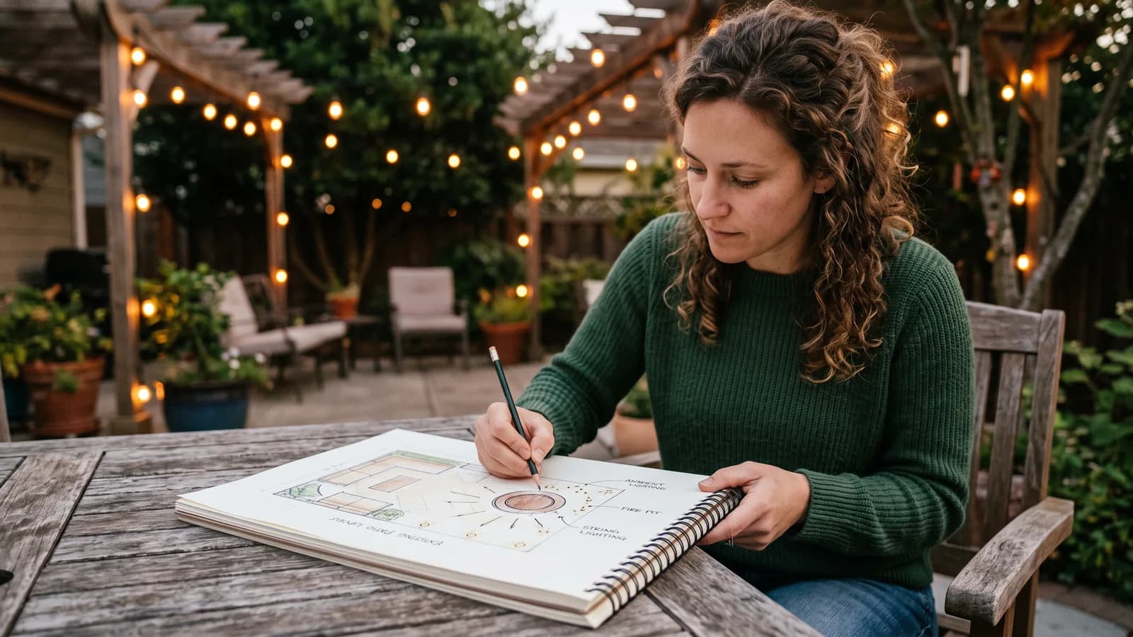 Designer sketching a fire feature and lighting addition onto a patio plan as evening string lighting glows behind them.