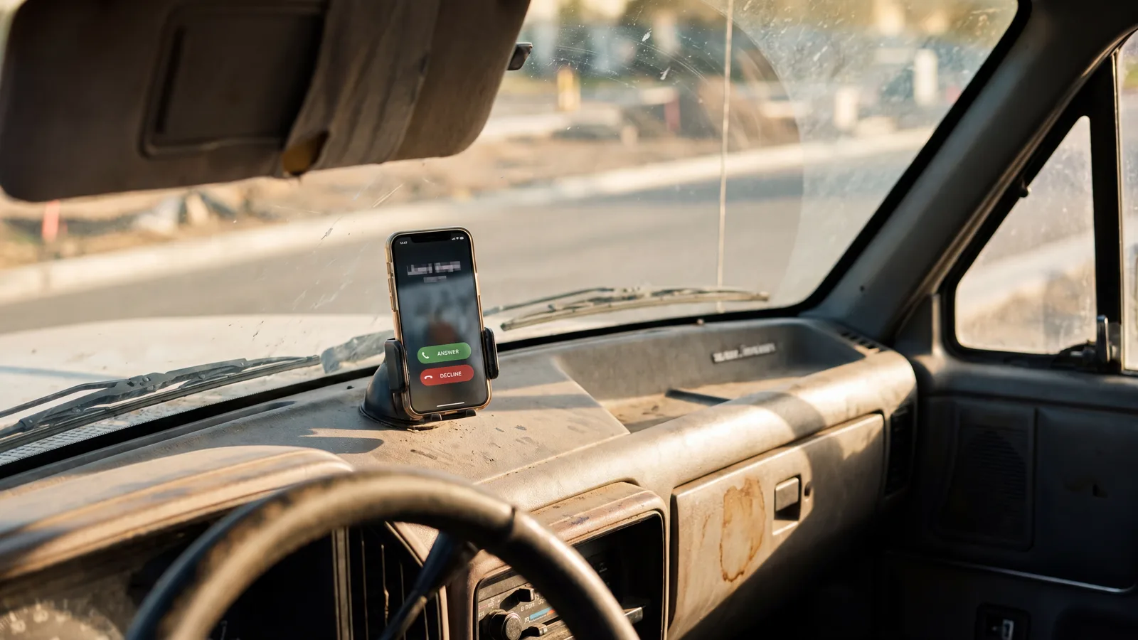 Smartphone mounted on a contractor's truck dashboard showing an incoming-call screen, sun visor down.