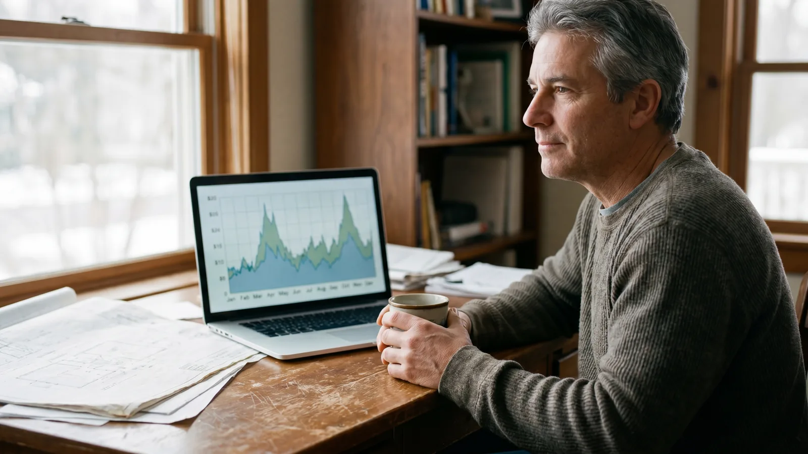 Window contractor at a home-office desk reviewing a laptop screen showing a cash-flow line-graph with seasonal peaks and valleys across a 12-month axis.
