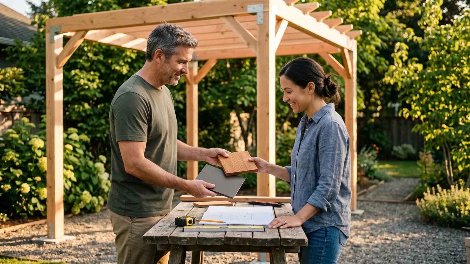 Salesperson showing a homeowner cedar and aluminum pergola material samples beside a half-built frame at golden hour.