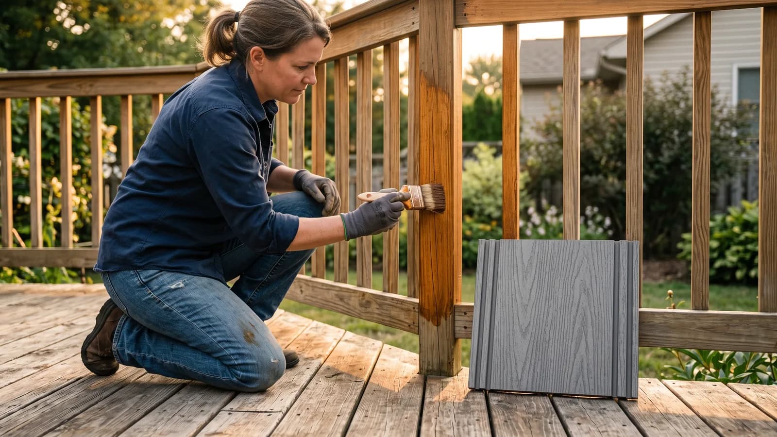 Homeowner staining a wood deck railing beside a composite decking sample board in warm late-afternoon light.
