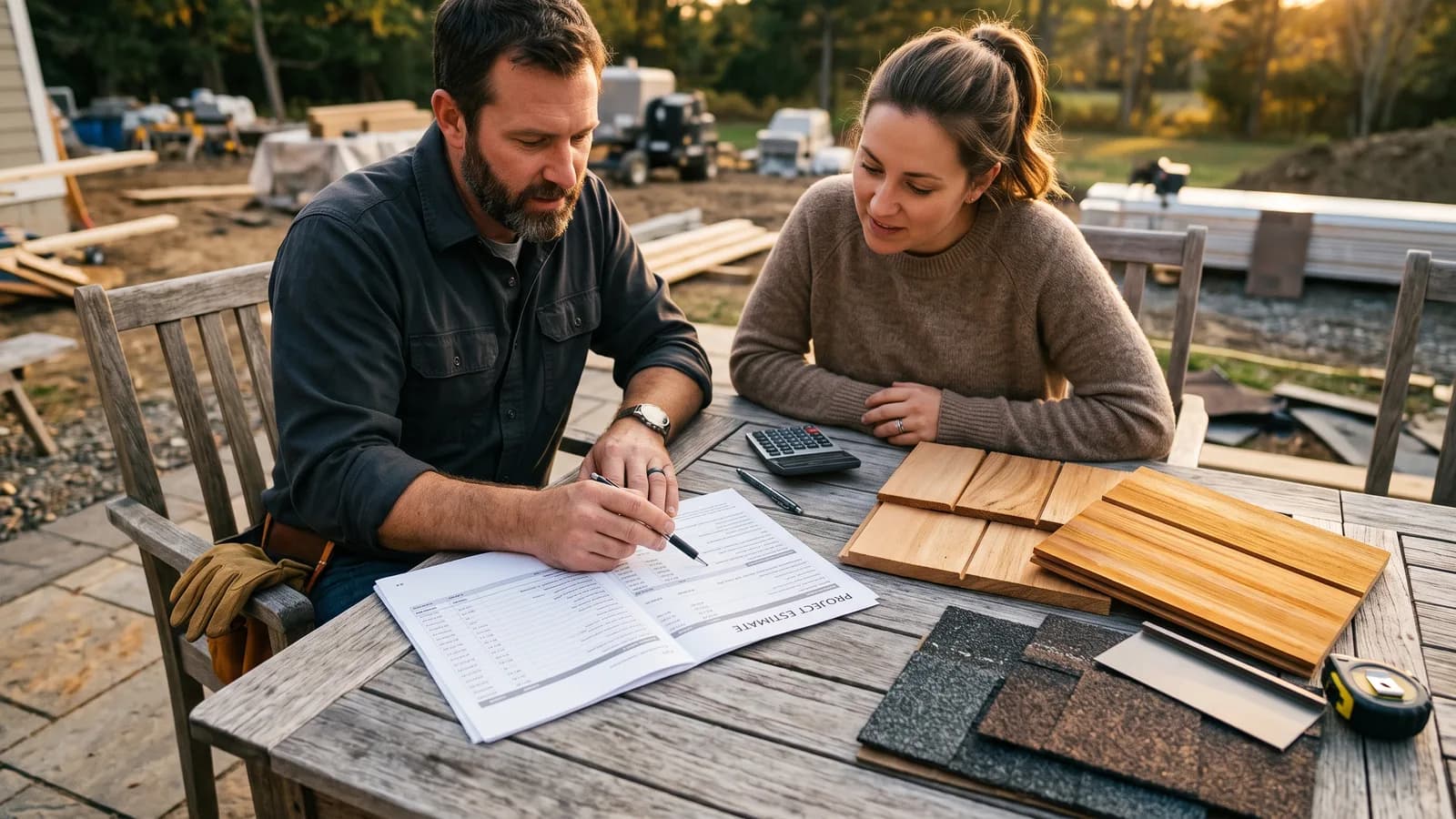 Builder and homeowner reviewing an itemized cabana estimate beside wood siding and roofing material samples on a table.