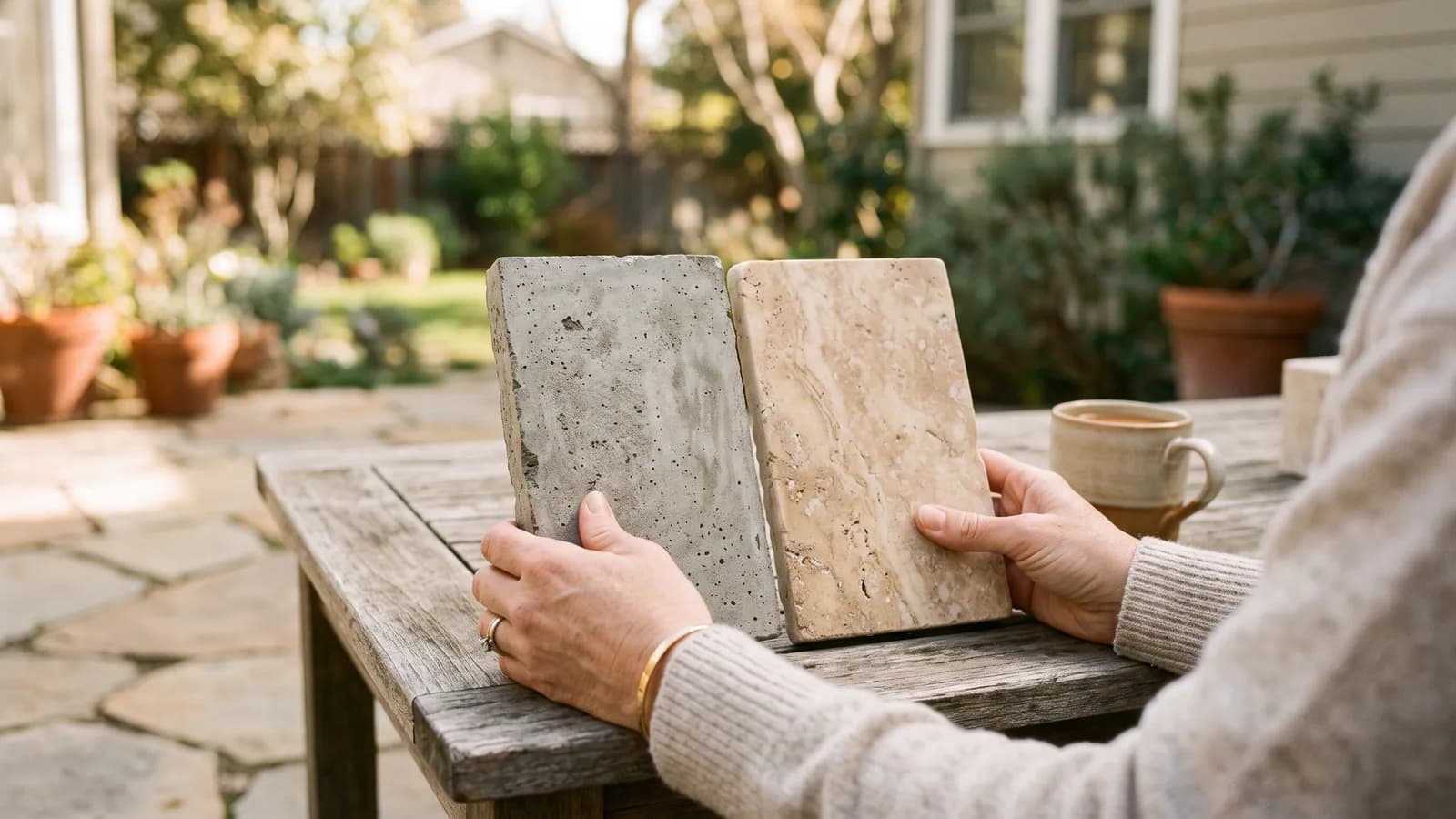 Homeowner comparing concrete and stone countertop samples side by side on an outdoor patio table.