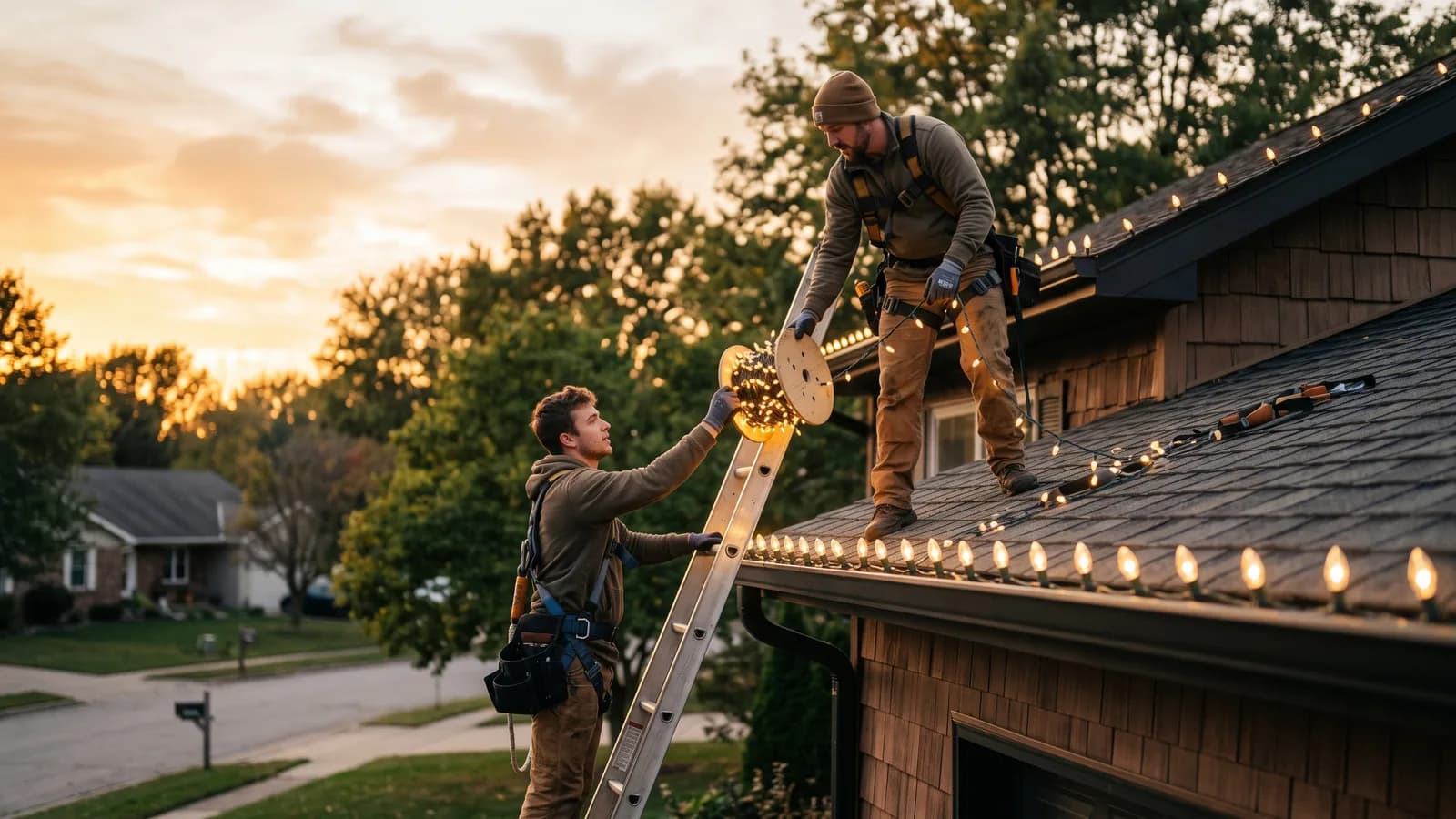 Two installers hanging warm white string lights along a roofline at golden hour, one on a ladder passing a light reel.