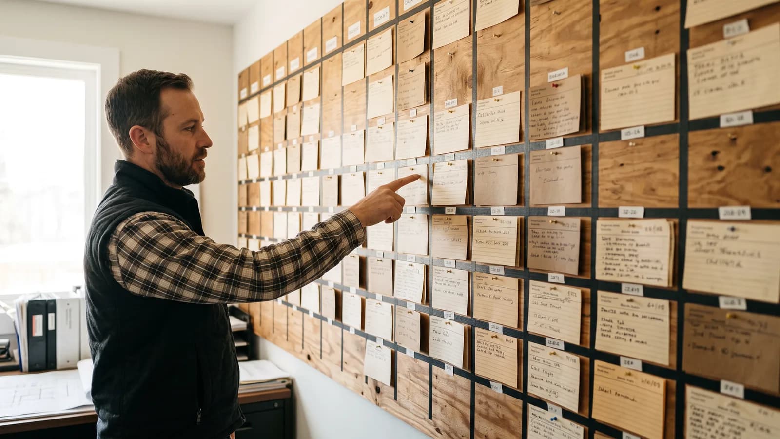 Project manager reviewing a production schedule board of job cards inside a construction office during peak season.