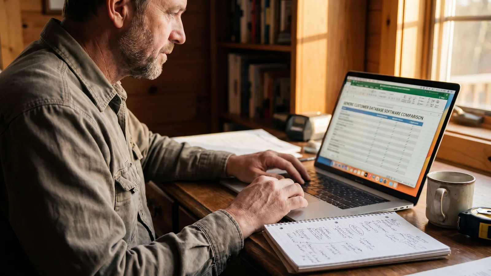 Window contractor at a home-office desk reviewing a customer-database software comparison on a laptop, with handwritten comparison notes in a notebook beside it.
