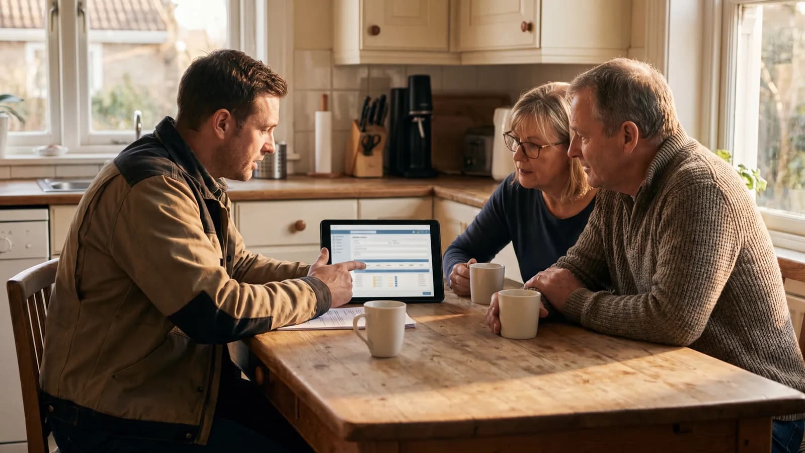 Window contractor at a homeowner's kitchen table presenting a tablet that displays a financing-application interface to a couple.