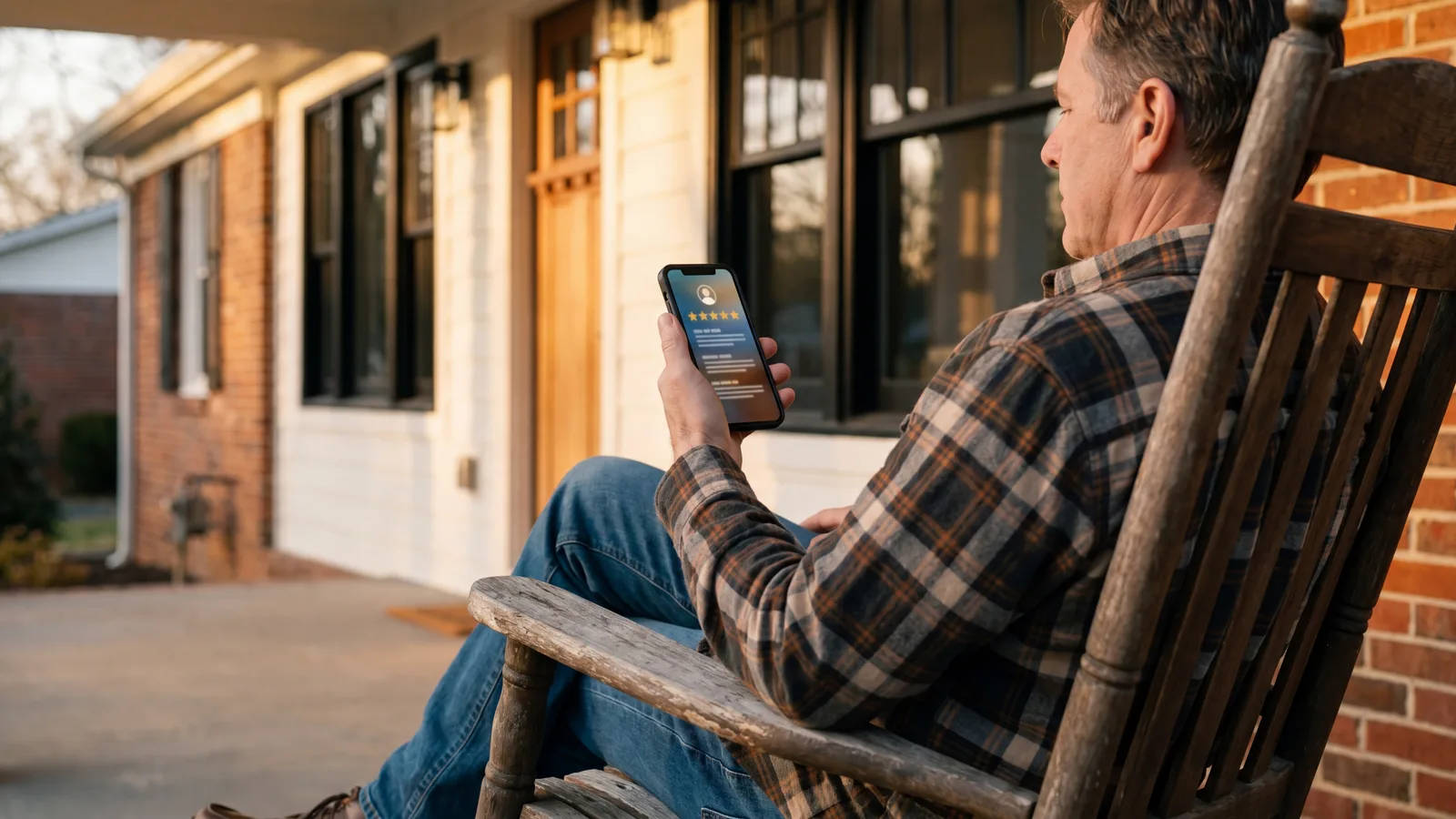 Homeowner seated on the front porch of a recently-renovated home holding a phone showing a five-star review-submission screen.