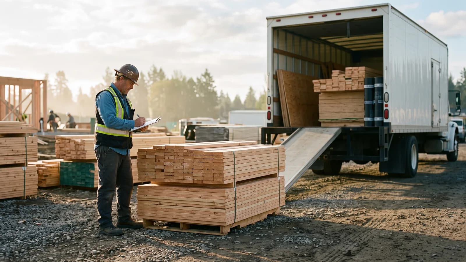 Builder checking a delivery of framing lumber and roofing materials against a clipboard beside a supplier truck.