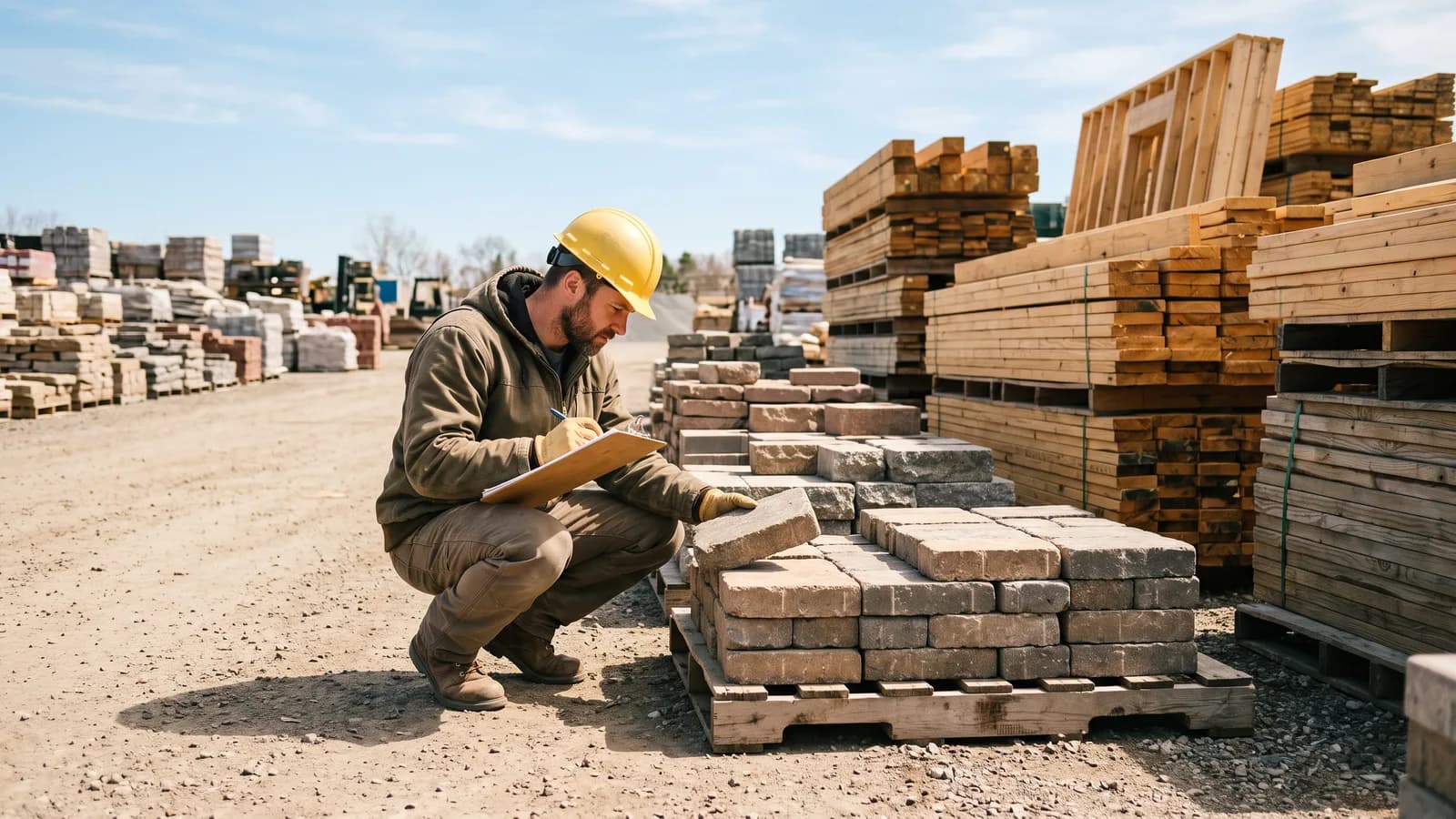 Contractor inspecting stacked pavers and structural framing materials in a supplier yard with a clipboard.