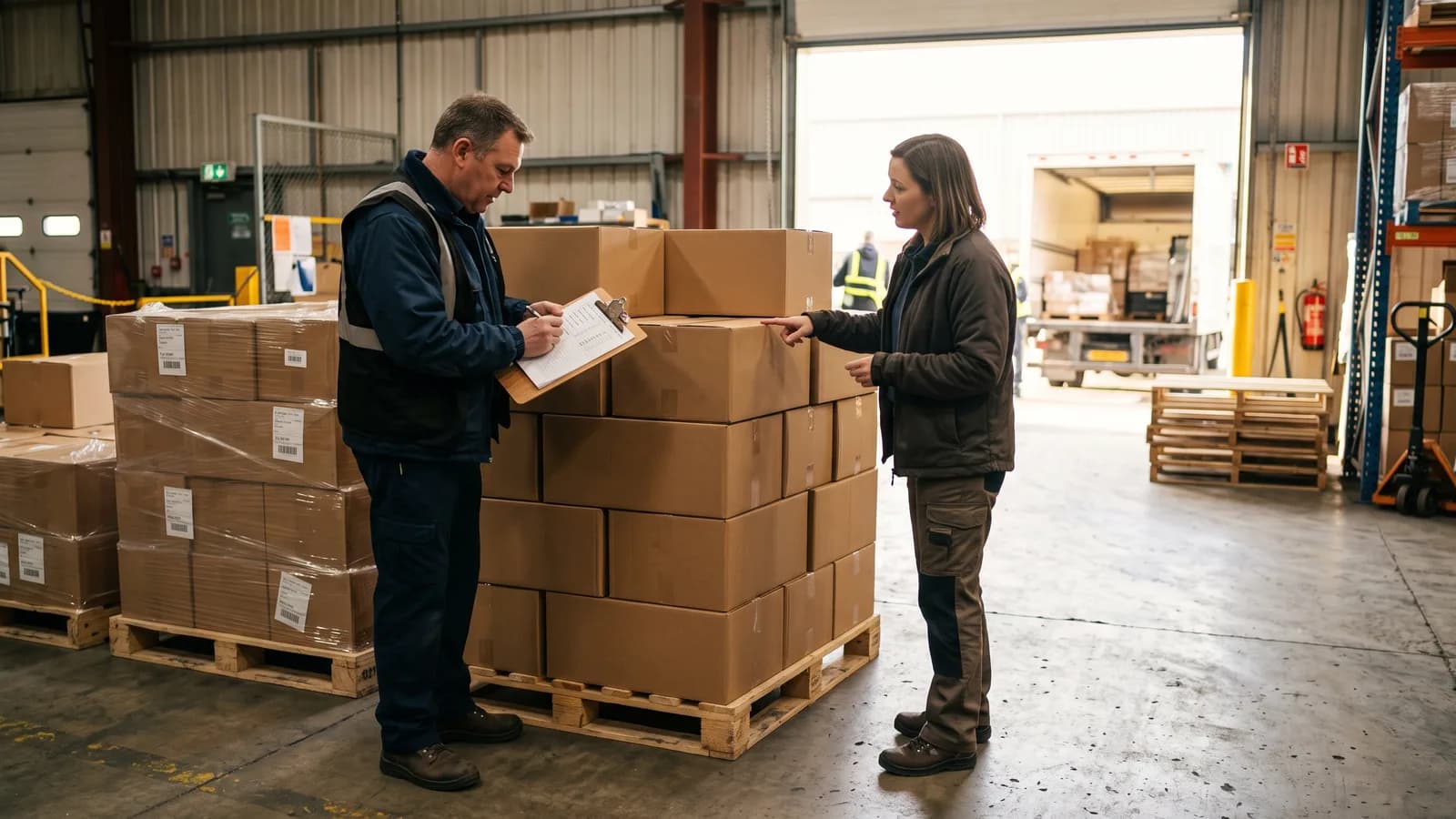 Warehouse manager and supplier representative checking pallets of boxed holiday light product at a loading door.
