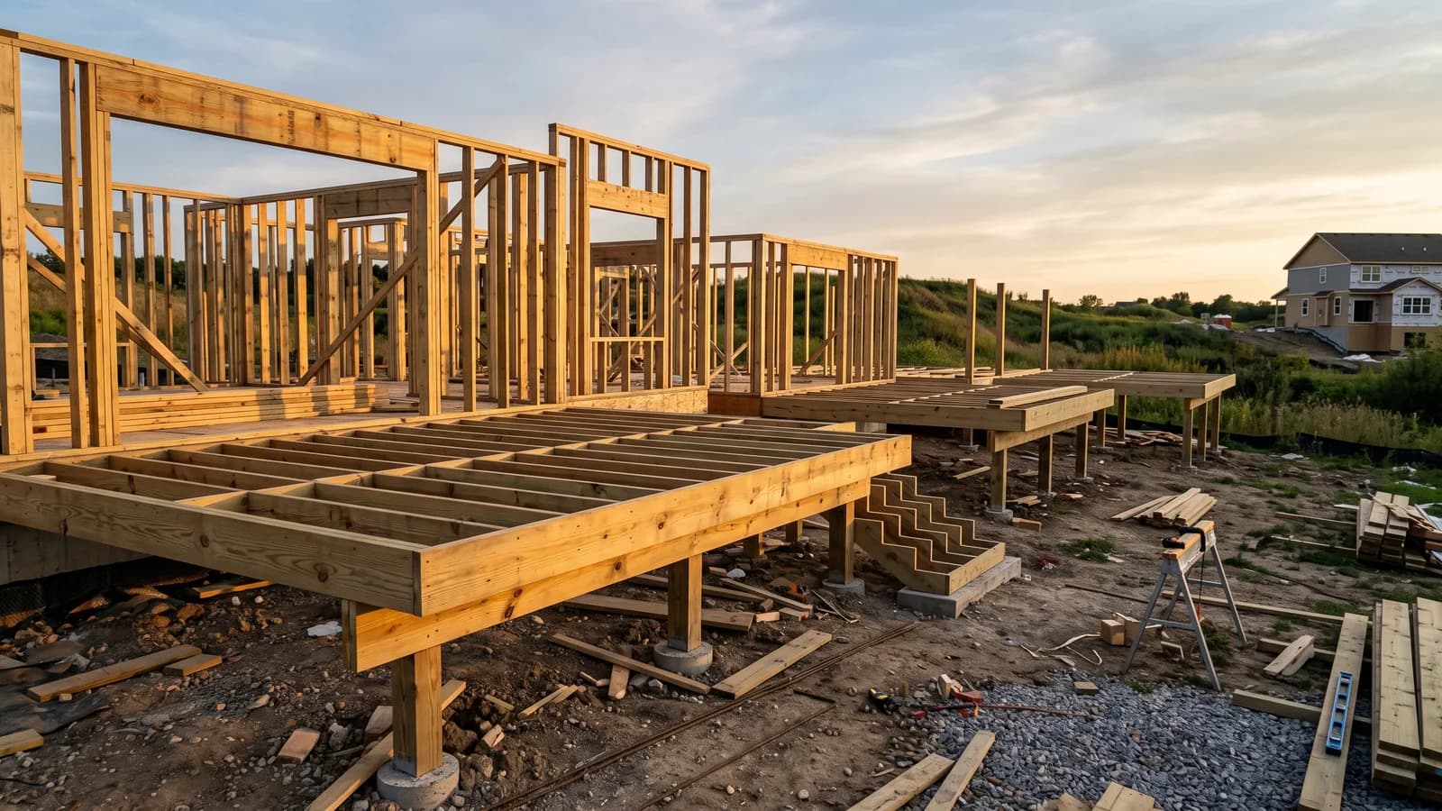 Framed but unfinished deck sections at different build stages on one job site, joists open to the sky on the nearest.