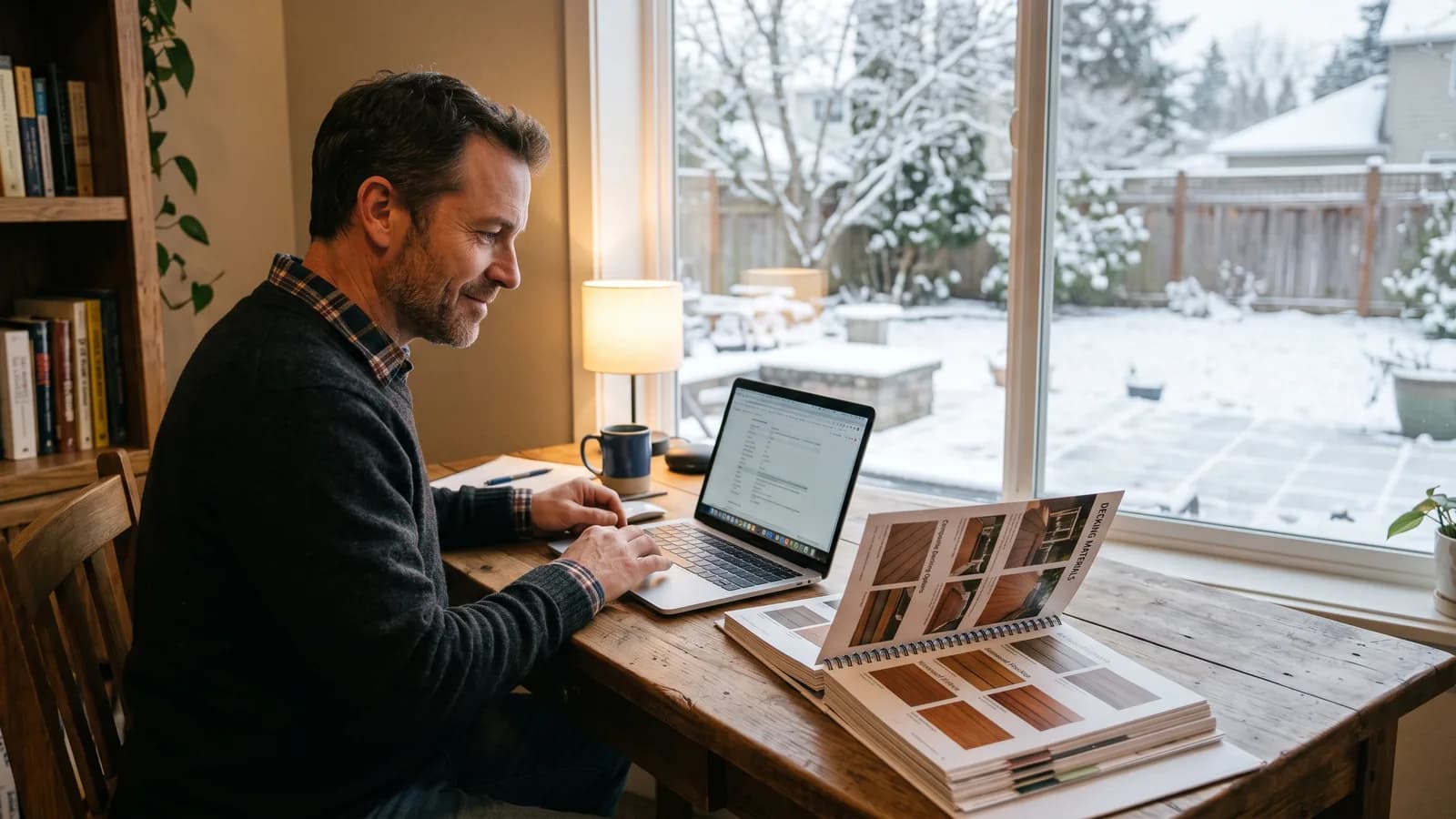 Deck contractor planning at a desk with a snow-covered backyard visible through the window in winter light.