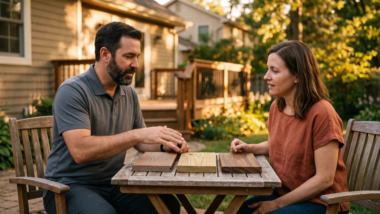Contractor and homeowner comparing composite, pressure-treated, and hardwood deck samples at an outdoor table in golden light.