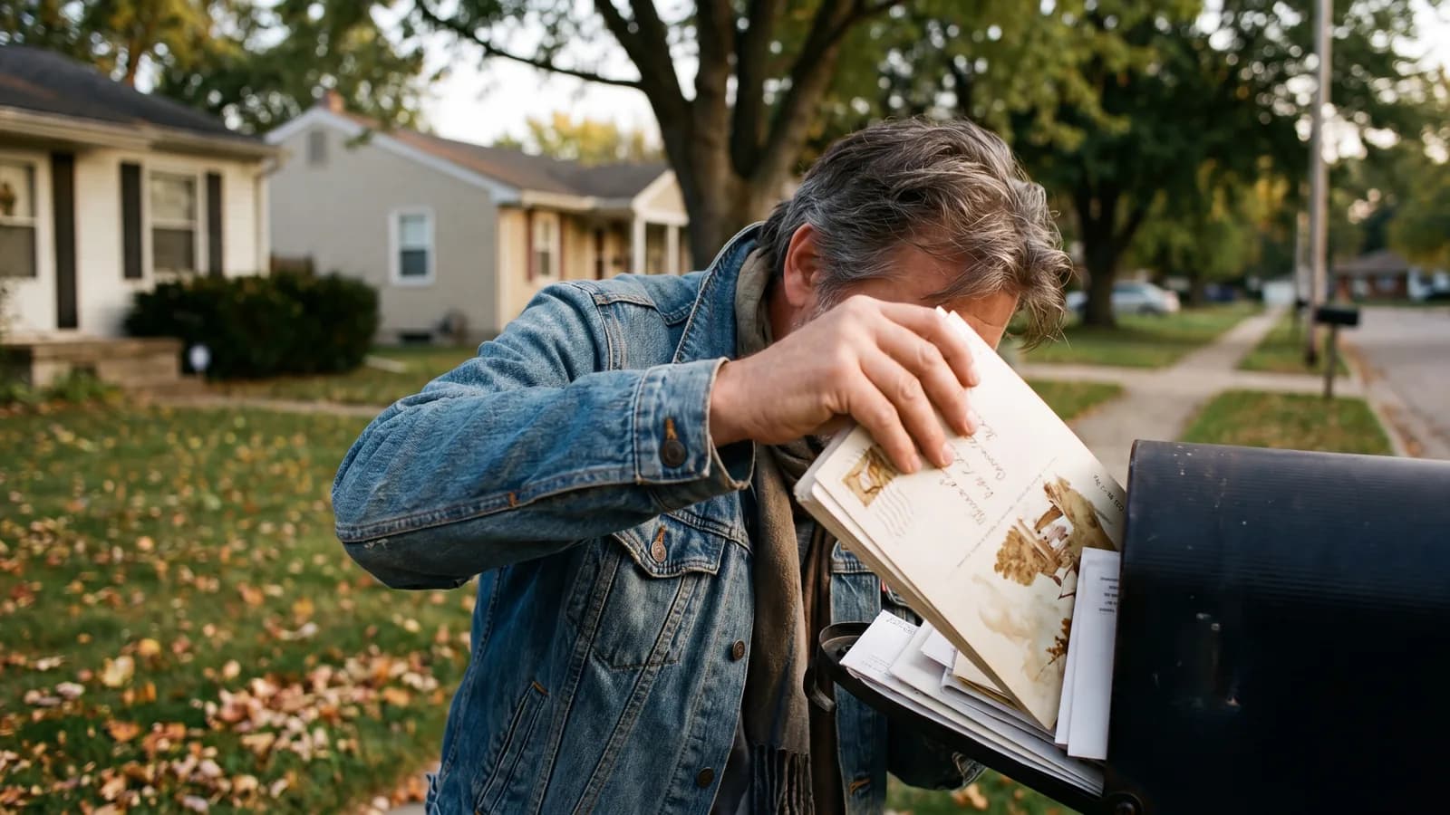Homeowner in their fifties at a curbside residential mailbox pulling out an oversized direct-mail postcard, late-afternoon autumn light.