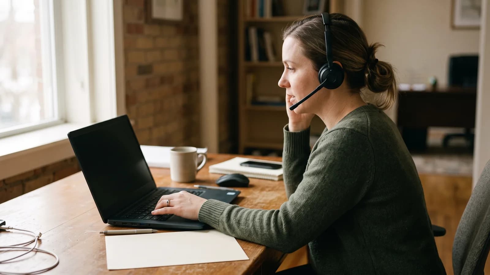 Intake coordinator on a phone call typing into a laptop beside a short qualification checklist.