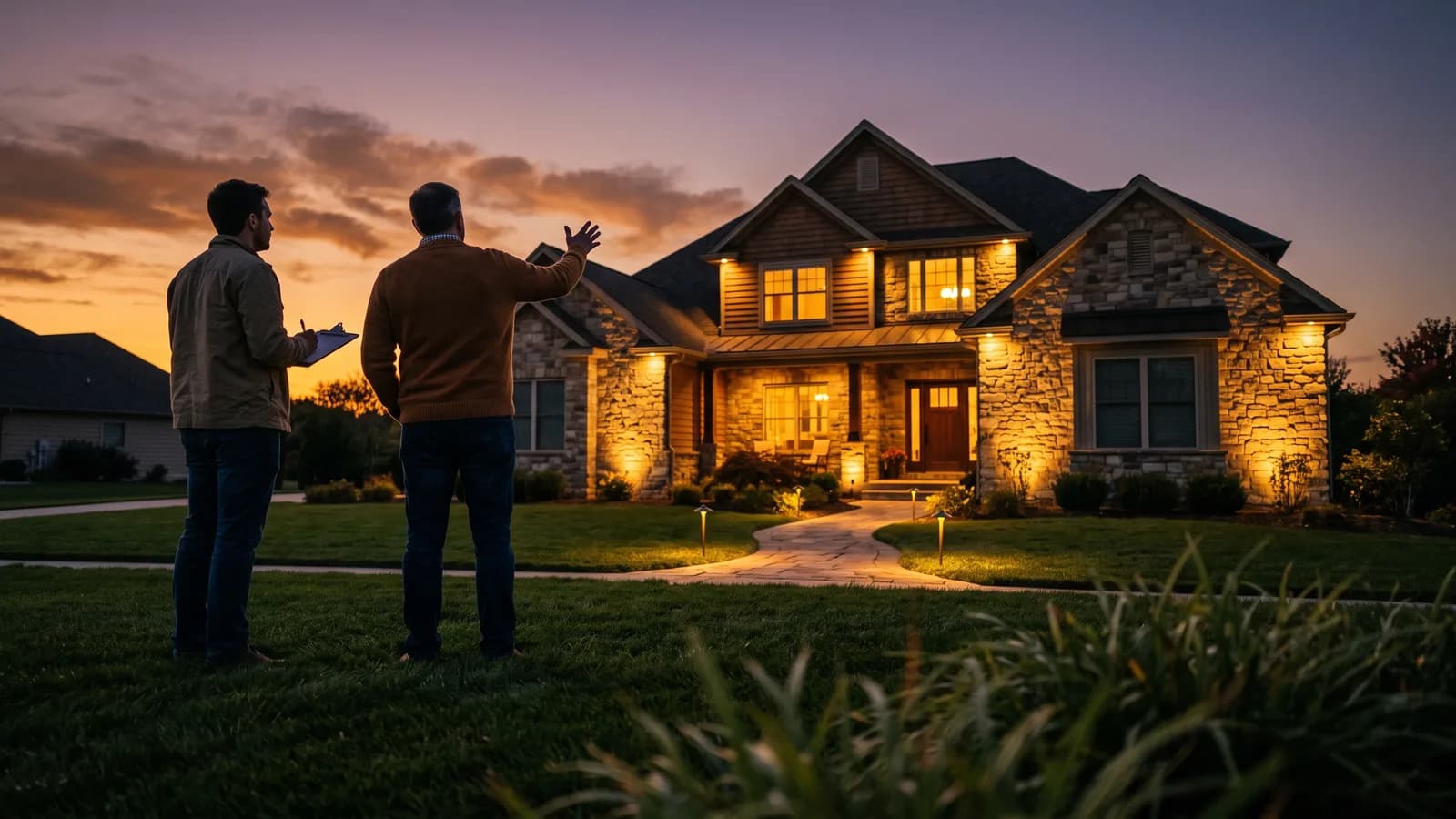 Lighting designer and homeowner watching warm amber facade and path lighting switch on at dusk in a front yard.