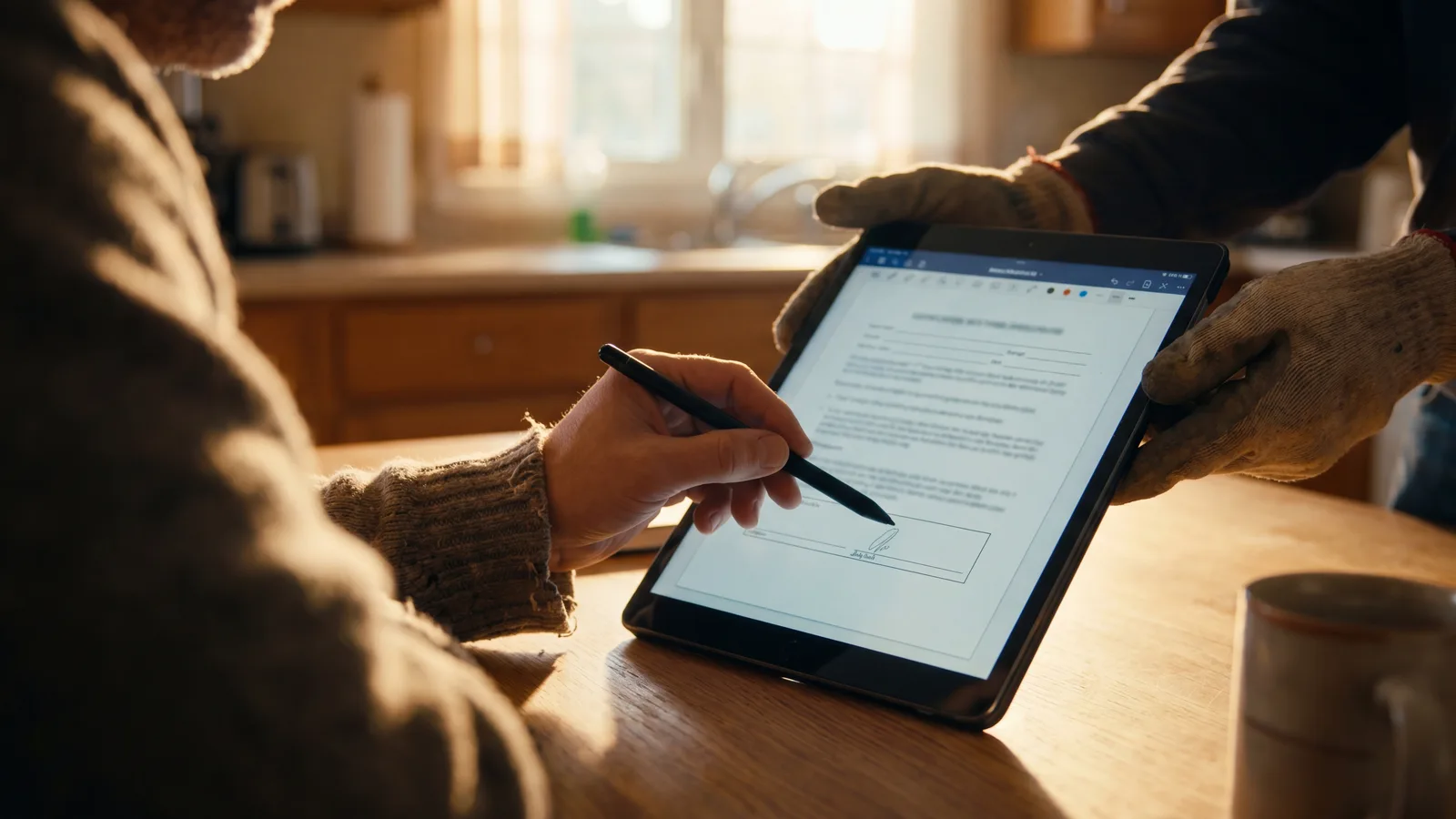 Close-up of a homeowner's hand using a stylus to sign a digital signature on a tablet held by a window contractor at a kitchen table.