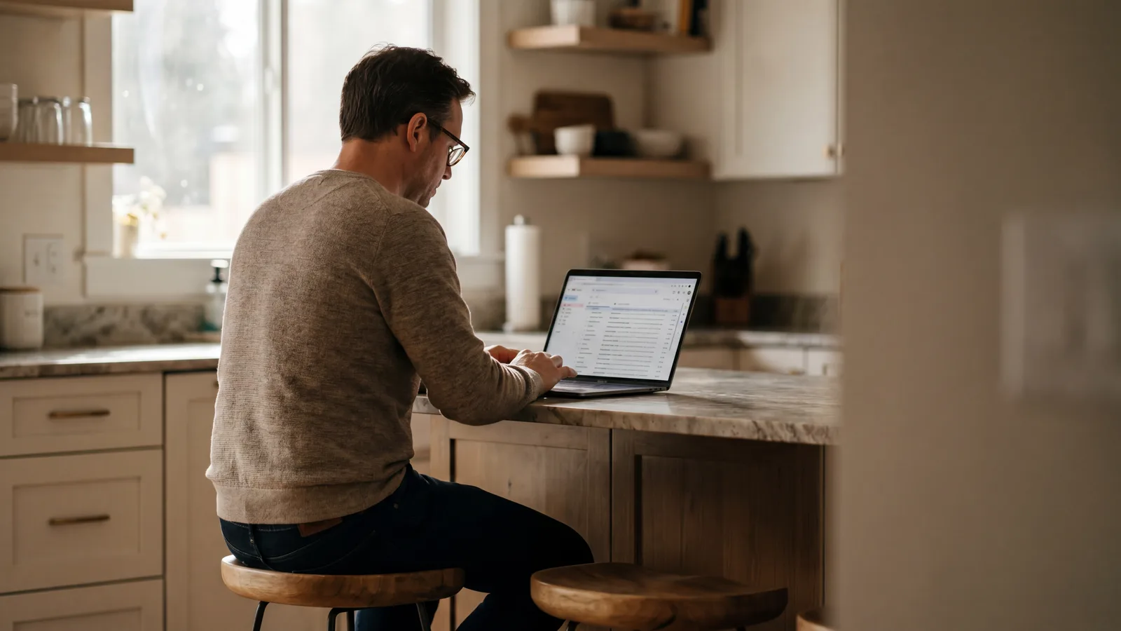 Homeowner at a kitchen counter on a stool scrolling through an email inbox on a laptop, the screen showing a sequence of messages from the same sender.