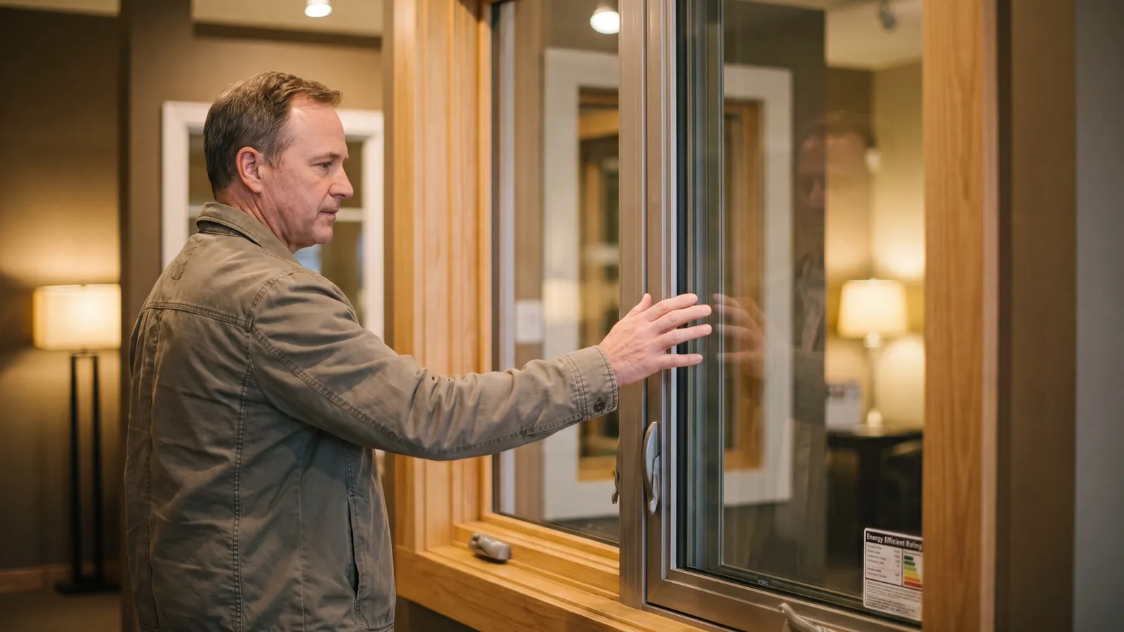 Homeowner at a window-and-door showroom reaching toward an energy-efficient window unit display with a small rating sticker visible on the glass.