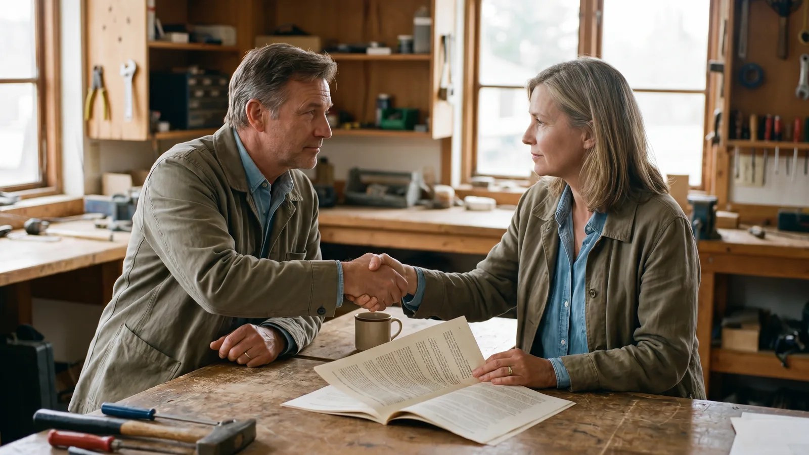 Two business owners shaking hands across a workshop office desk with a printed multi-page document open between them.