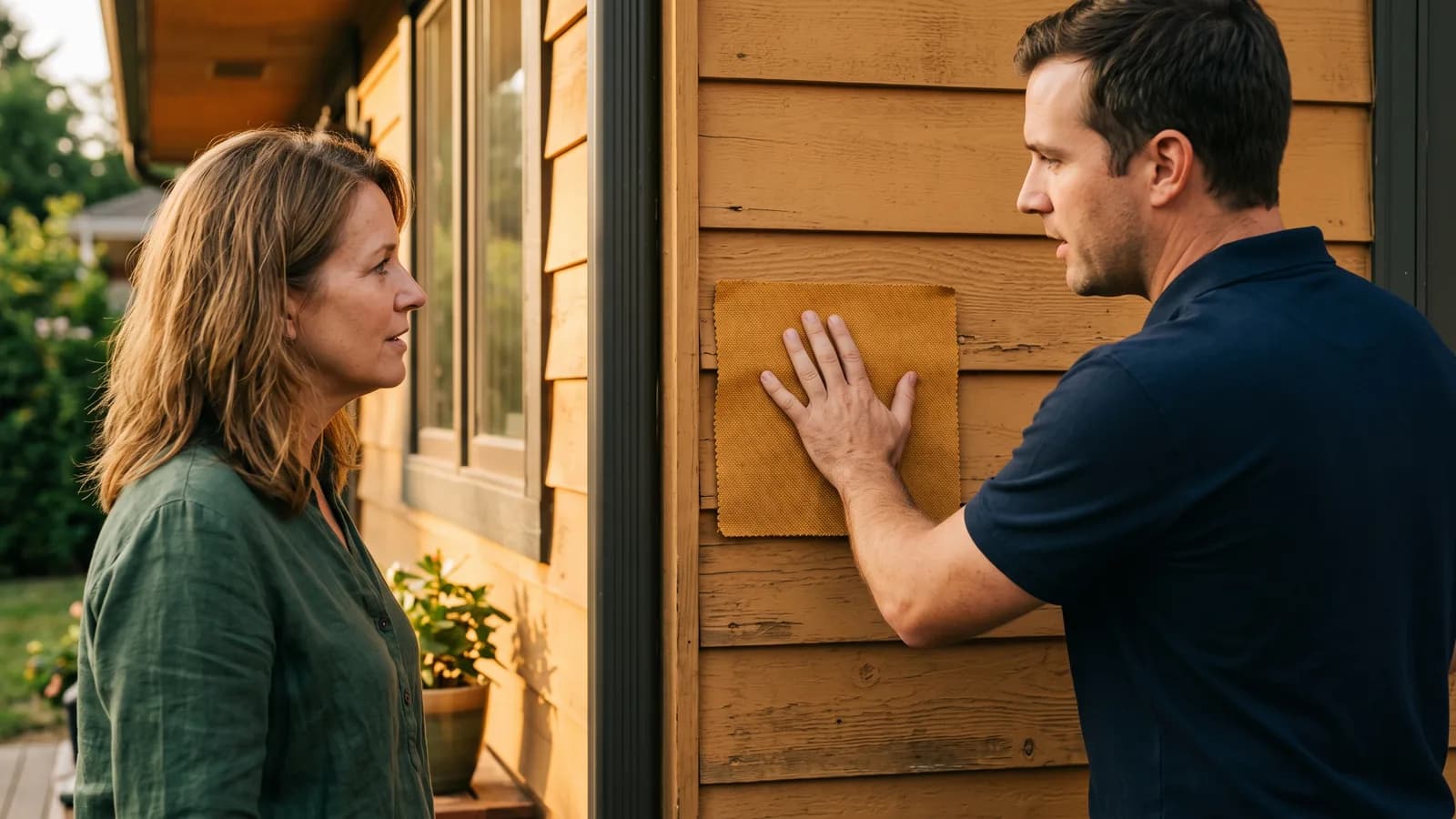 Sales consultant holding a fabric swatch sample against a house exterior wall while a homeowner looks on.