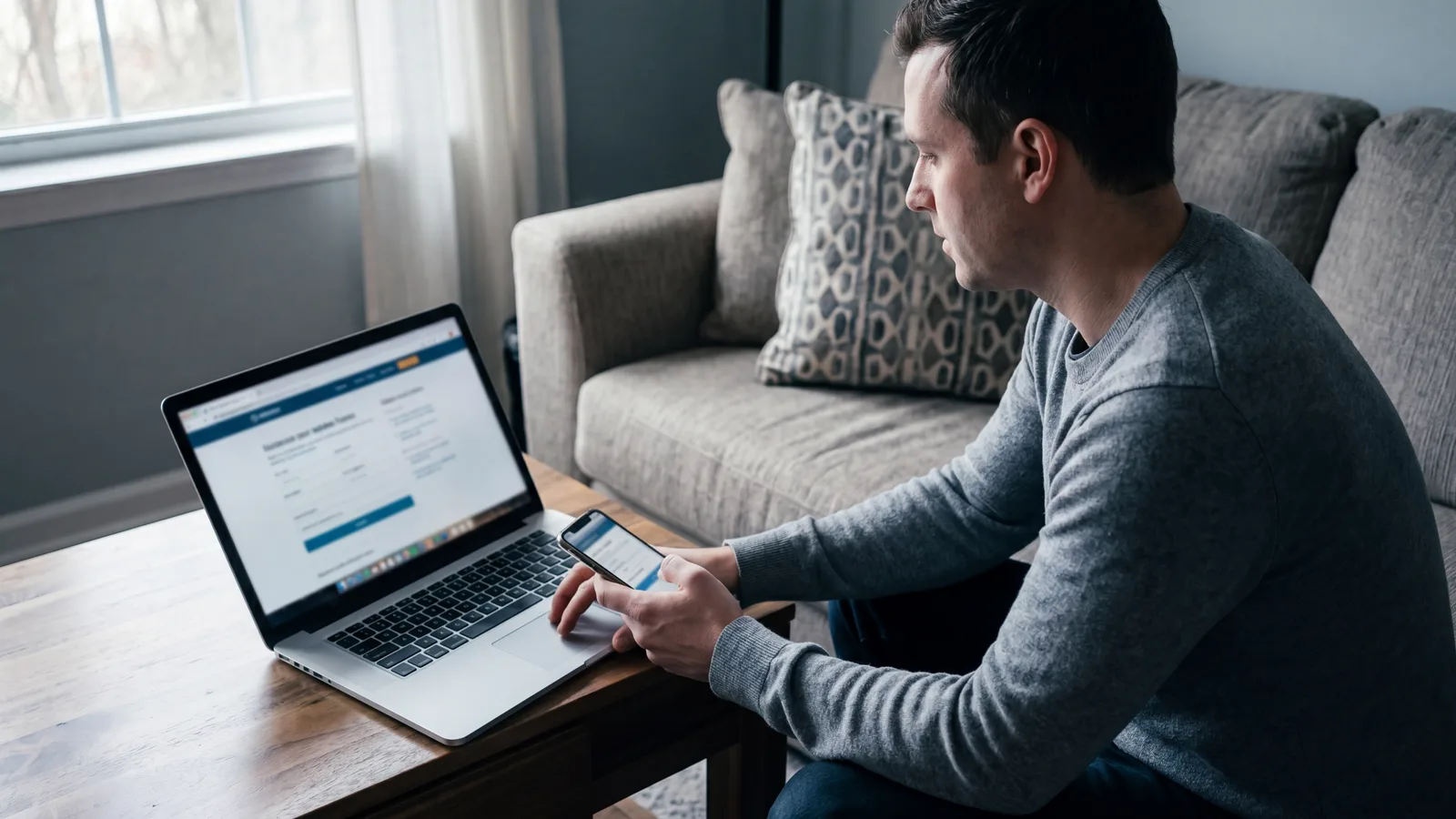 Homeowner on a couch comparing a phone showing an in-feed lead form against a laptop on the coffee table showing a landing page.