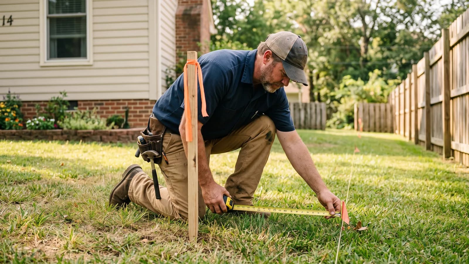 Fence contractor measuring a setback distance from a property stake before confirming a permit requirement.