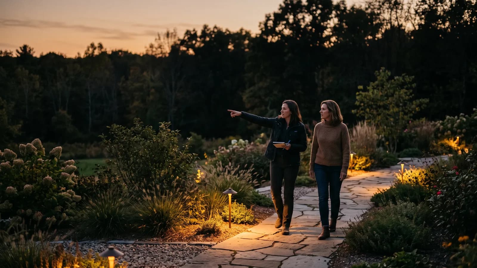 Designer pointing toward a dark tree line while walking a homeowner along a warmly lit garden path at dusk.