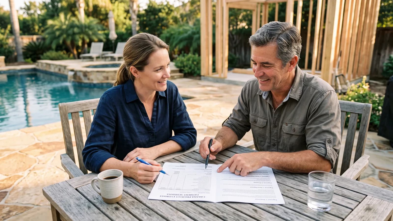 Homeowner and cabana builder reviewing a printed estimate and payment schedule at a patio table beside a pool.