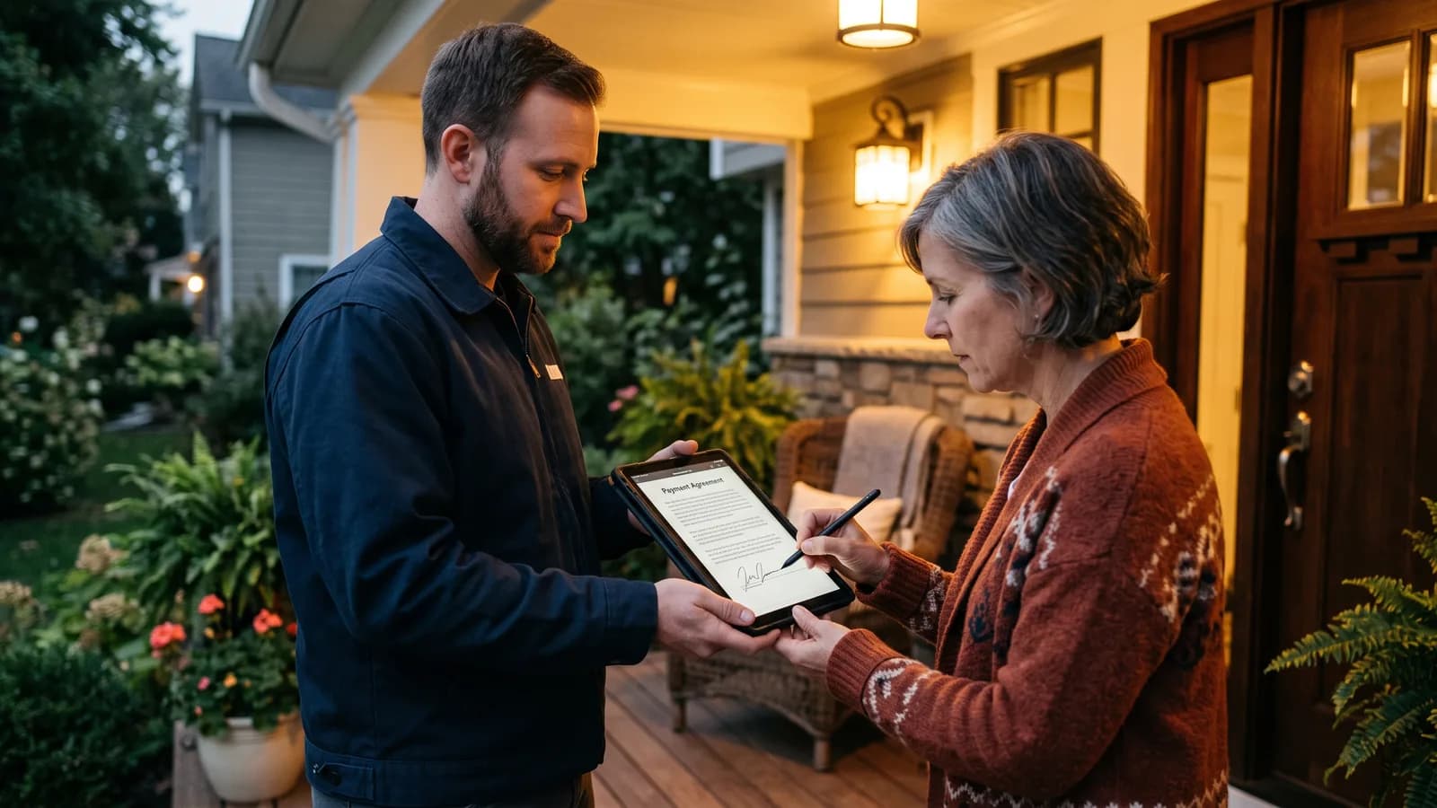 Homeowner signing a payment agreement on a tablet held by a lighting company representative on a porch at dusk.