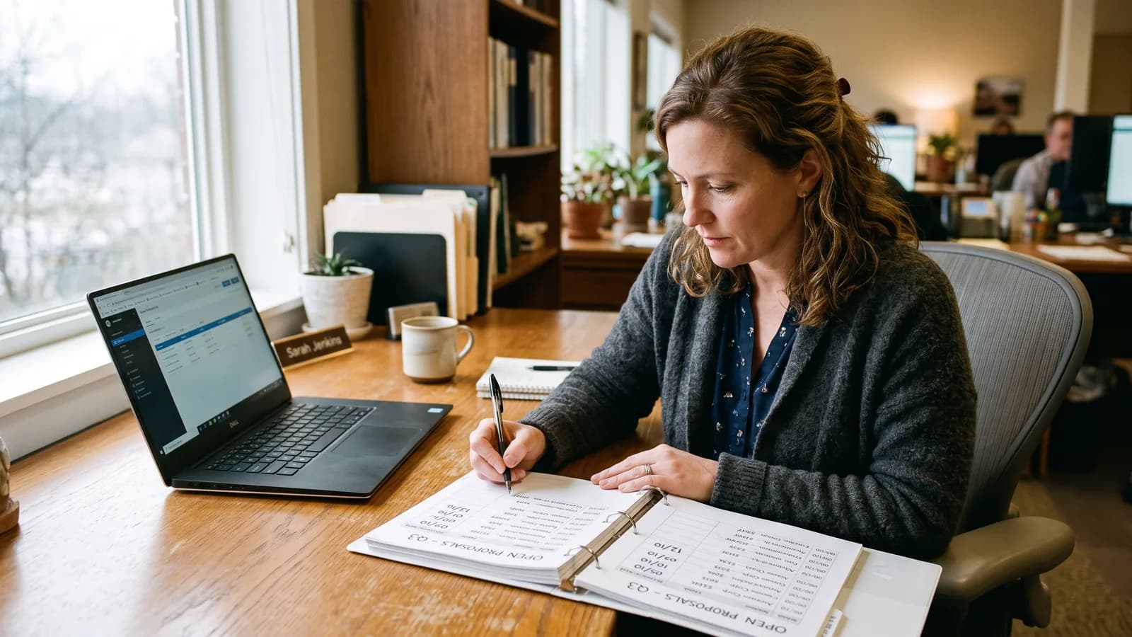 Salesperson reviewing a printed list of open backyard proposals with handwritten follow-up dates at a desk.