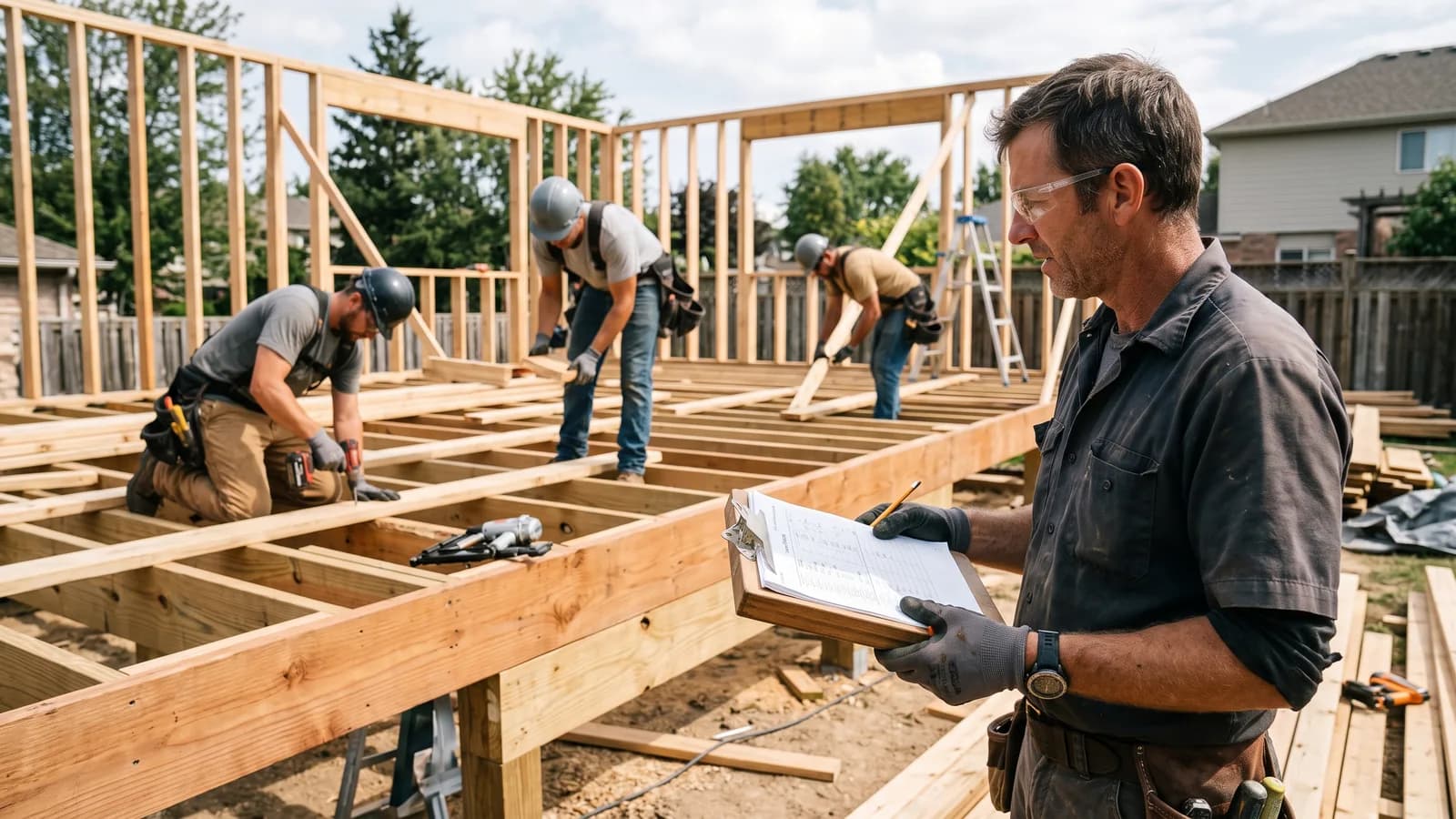 Lead carpenter reviewing a schedule while a framing crew builds a deck structure in bright morning light.