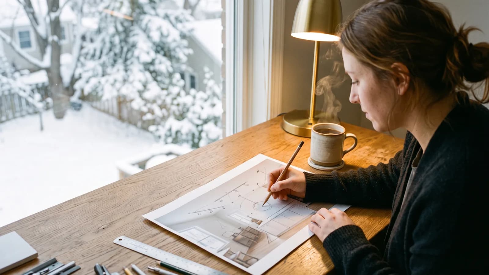Designer sketching a spring lighting layout at a desk beside a window overlooking a snow-covered yard.