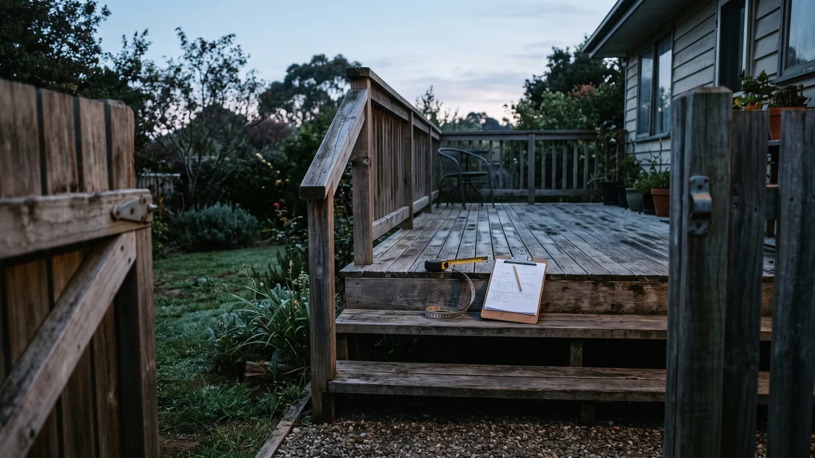 A weathered backyard deck at first light with a rolled tape measure and clipboard left on the top step before a site visit.