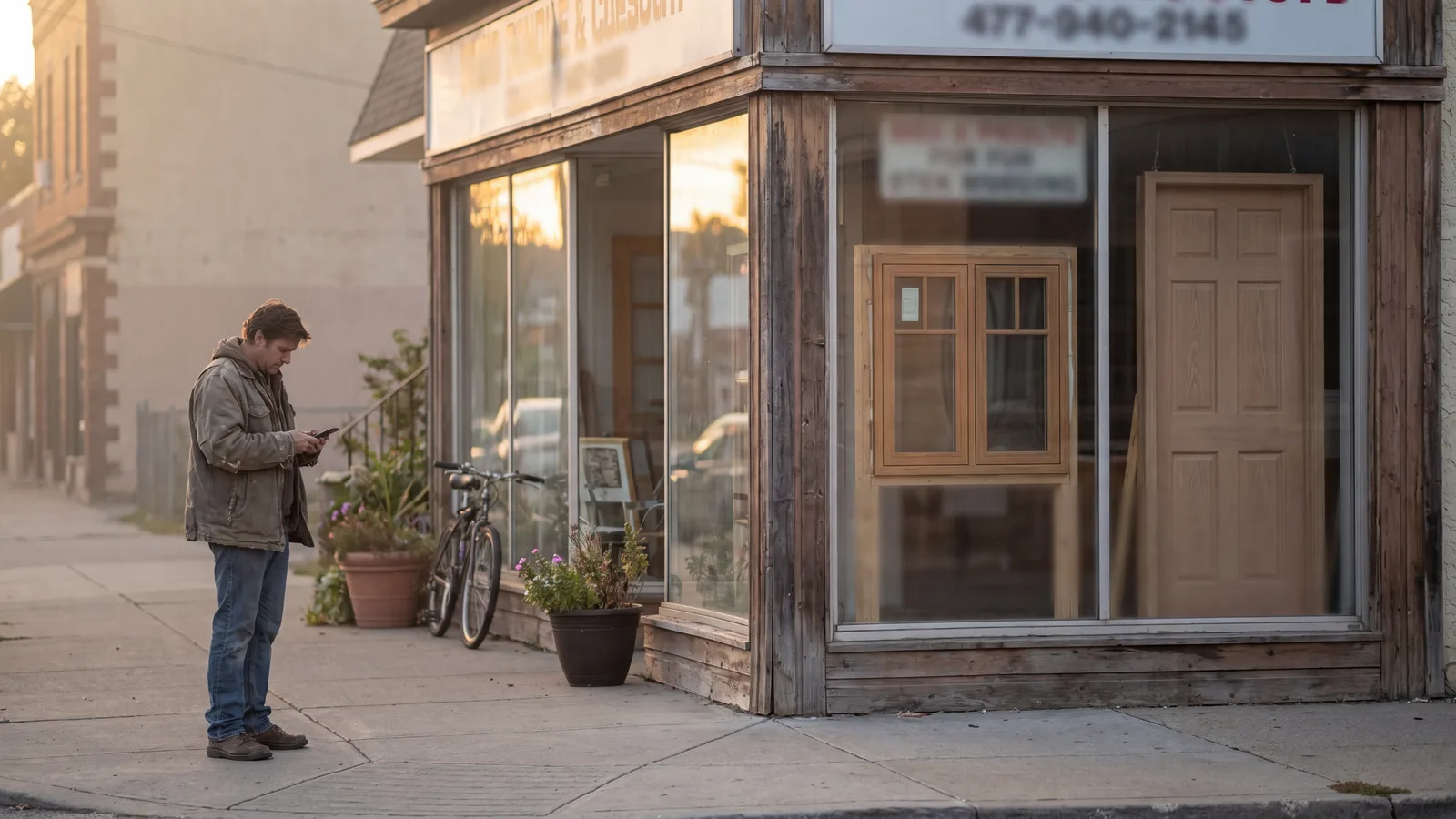 Potential customer reading their phone outside a small window-and-door showroom storefront in late-afternoon light.