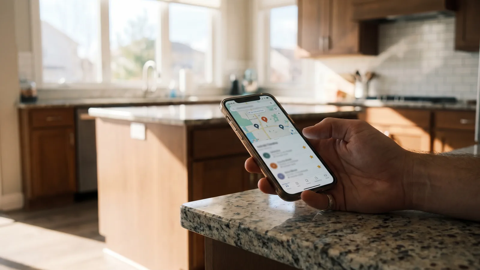 Homeowner's hand holding a phone showing a local-search-results page with map pins and business listings, in a bright modern kitchen.
