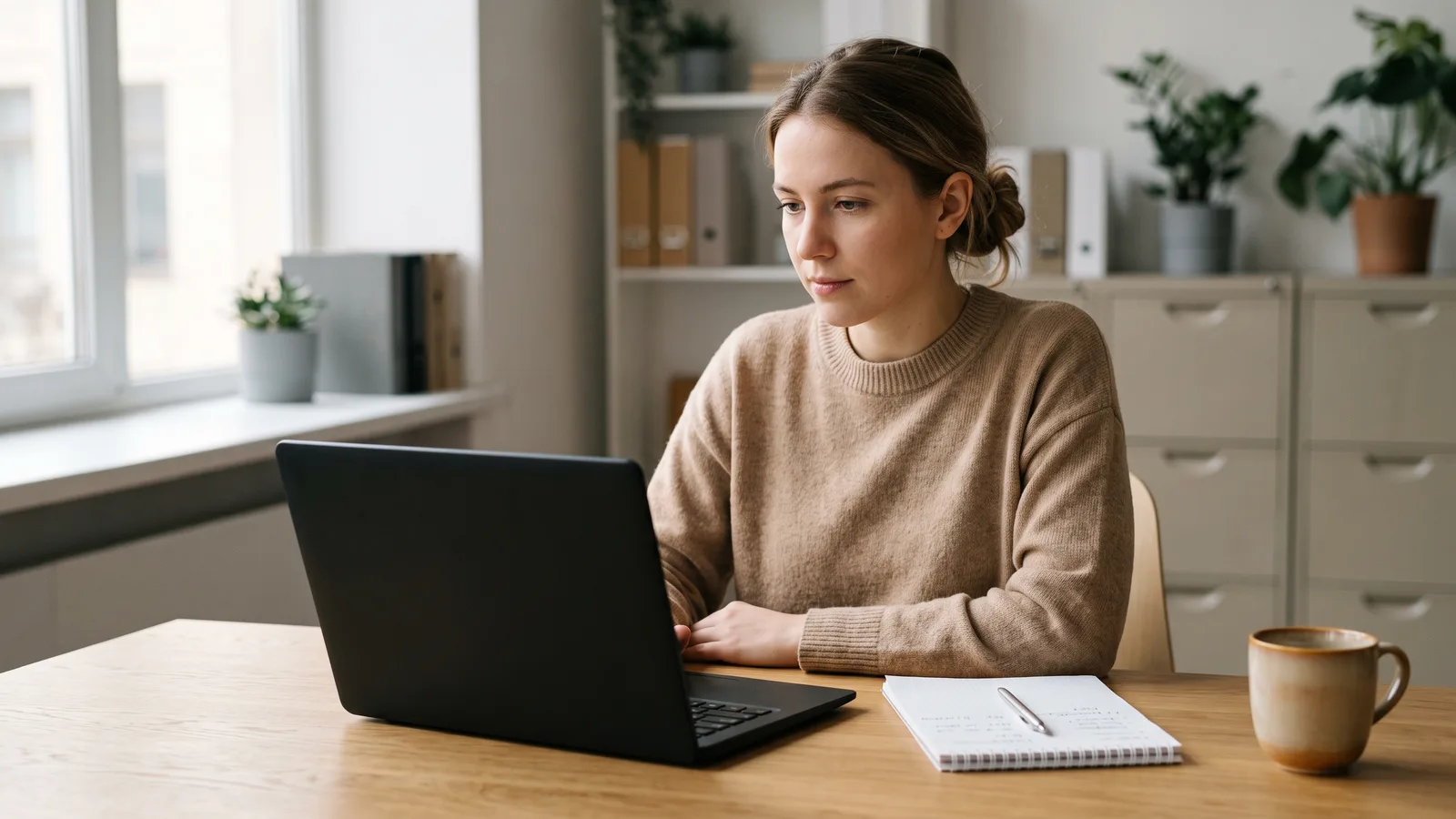 Marketing analyst reviewing search term reports on a laptop at a desk with a notepad beside it.
